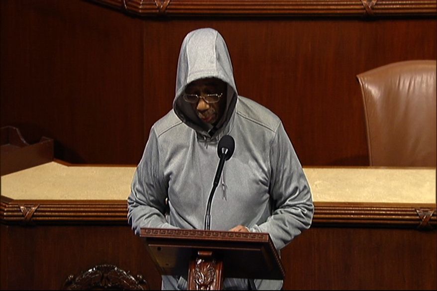 This handout frame grab from video, provided by House Television, shows Rep. Bobby Rush, an Illinois Democrat, wearing a hoodie on the floor of the House on Capitol Hill in Washington, Wednesday, March 28, 2012. (AP Photo/House Television)