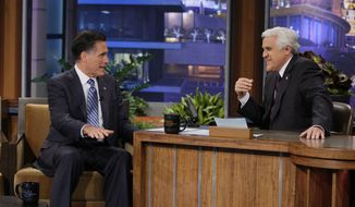 Republican presidential candidate Mitt Romney talks with Jay Leno during his appearance on NBC&#x27;s &quot;The Tonight Show&quot; in Burbank, Calif., on Tuesday, March 27, 2012. (AP Photo/NBC, Paul Drinkwater)