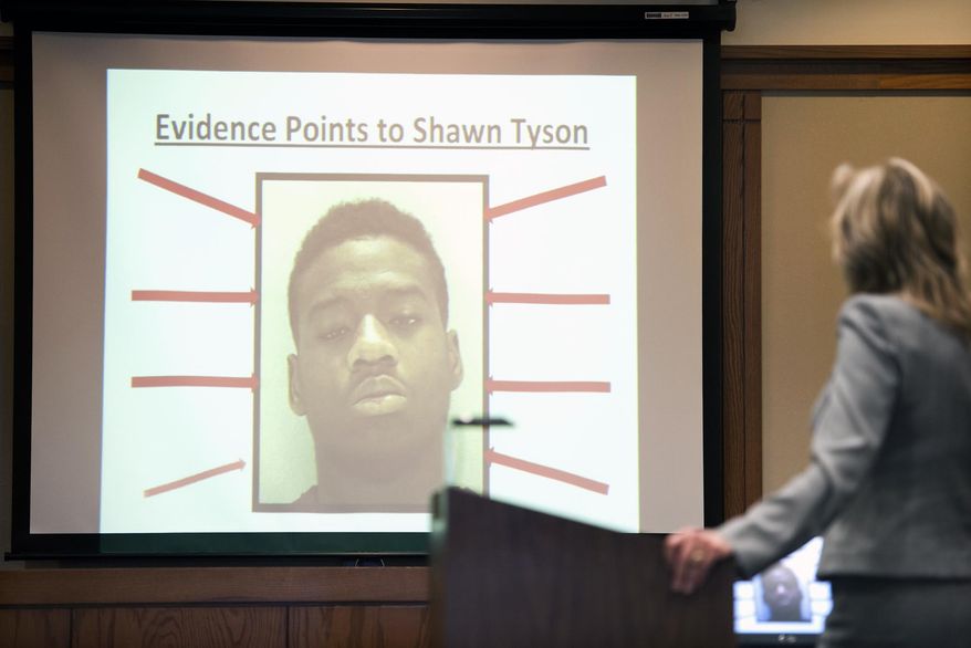 Prosecutor Karen Fraivillig shows jurors a slide outlining the state's evidence against Shawn Tyson during closing arguments in the Shawn Tyson murder trial on March 28, 2012, at the Sarasota County Courthouse in Sarasota, Fla. Tyson faces two counts of first-degree murder in the shooting deaths of James Kouzaris, 24, and James Cooper, 25. (Associated Press/Sarasota Herald-Tribune)