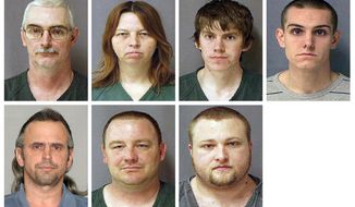 ** FILE ** Photos provided in 2010 by the U.S. Marshals Service show (clockwise from top left) David Stone of Lenawee County, Mich.; his wife, Tina Stone; sons David Stone Jr. and Joshua Stone; Kris Sickles of Sandusky, Ohio; Michael Meeks of Manchester, Mich.; and Thomas Piatek of Whiting, Ind. The seven, who were members of a Michigan militia, were accused of plotting war against the United States, but a federal judge dismissed the most serious charges against them on Tuesday, March 27, 2011, saying their expressed hatred of law enforcement didn&#39;t amount to conspiracy against the government. (AP Photo/U.S. Marshals Service)
