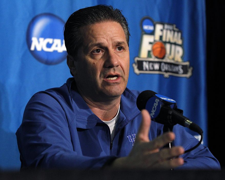 Kentucky coach John Calipari talks to reporters during a news conference in New Orleans on Thursday, March 29, 2012. Kentucky will play Louisville in an NCAA tournament Final Four game on Saturday. (AP Photo/Gerald Herbert)