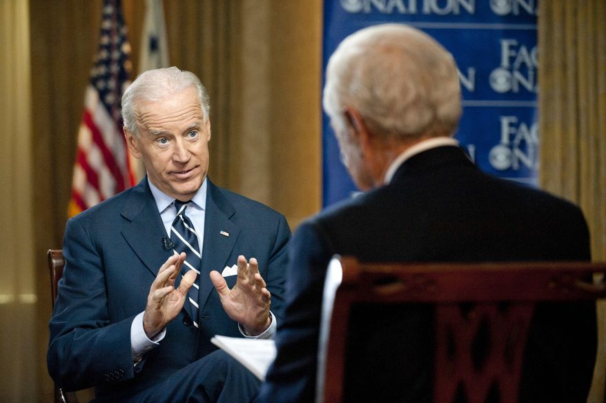 Vice President Joe Biden responds to a question from Bob Schieffer, host of the CBS Sunday-morning program &quot;Face the Nation,&quot; during an interview recorded on Thursday, March 29, 2012, in Milwaukee. (AP Photo/CBS News, Chris Usher)