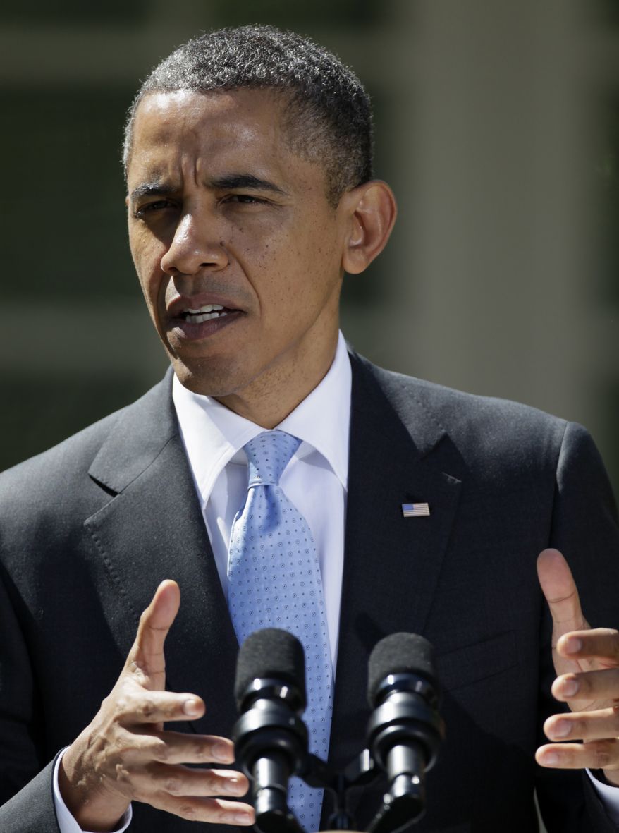 President Obama speaks April 2, 2012, during a joint news conference with Canadian Prime Minister Stephen Harper and Mexican President Felipe Calderon in the Rose Garden of the White House. (Associated Press)