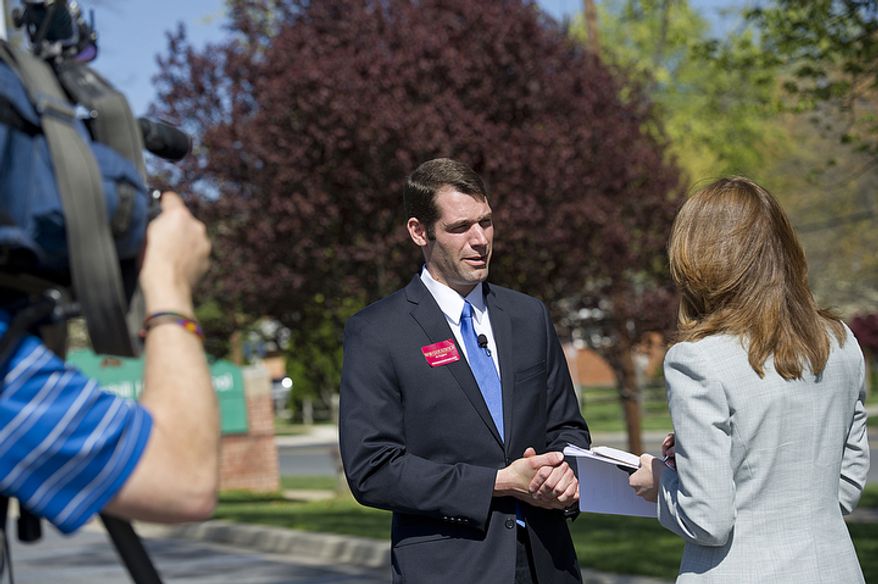Maryland Senate Majority Leader Robert J. Garagiola, Montgomery County Democrat and candidate for Congress, is interviewed by a television crew at Winston Churchill High School in Potomac, Md., on April 3, 2012, the day of Maryland's primary election. Garagiola has been in a tight race with opponent John Delaney. (Barbara L. Salisbury/The Washington Times)