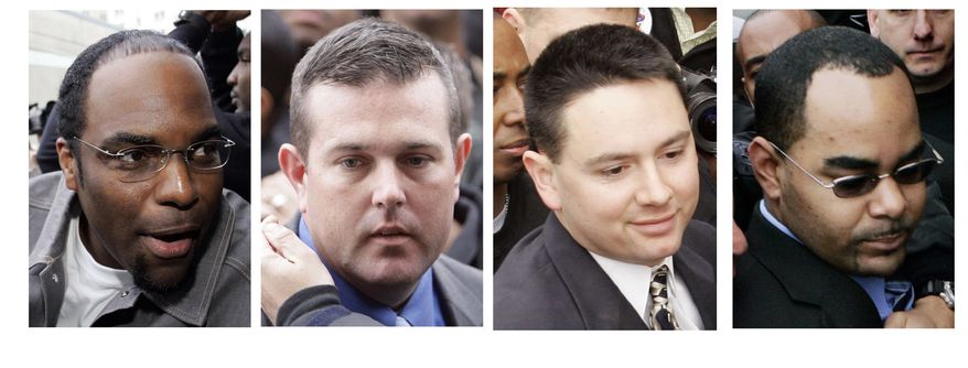 ** FILE ** Four New Orleans police officers — (from left) Robert Faulcon Jr., Robert Gisevius Jr., Kenneth Bowen and Anthony Villavaso II — are seen in a combination of photos as they arrive for booking on Jan. 2, 2007, in New Orleans. (AP Photos, File)