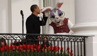 ** FILE ** President Obama chats with the Easter Bunny at the 2009 Easter Egg Roll. (Courtesy of the White House)