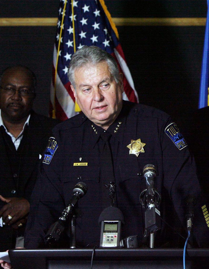 Tulsa Chief of Police Chuck Jordan speaks during a news conference at the Tulsa Police Department, Saturday, April 7, 2012, in downtown Tulsa, Okla. Police believe the same attacker or attackers are behind a series of early-morning shootings in which three people were killed and two others were critically wounded within a three-mile span of north Tulsa. (AP Photo/Tulsa World, James Gibbard)