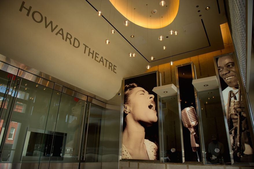 A photograph of Billie Holliday adorns the lobby of the redesigned Howard Theatre in the District, which is set to reopen with a ribbon-cutting Monday and a gala Thursday night. (Andrew Harnik/The Washington Times)