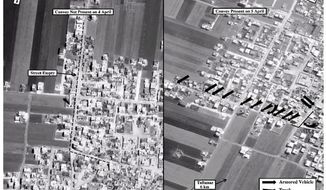 This satellite image from Saturday, April 7, 2012, shows the presence of a military convoy in Zirdana, Syria, on April 5, right, next to imagery of the same area on April 4, showing no military convoy, according to information shown on the U.S. Embassy Damascus Facebook page. (AP Photo/U.S. Embassy Damascus via Facebook)