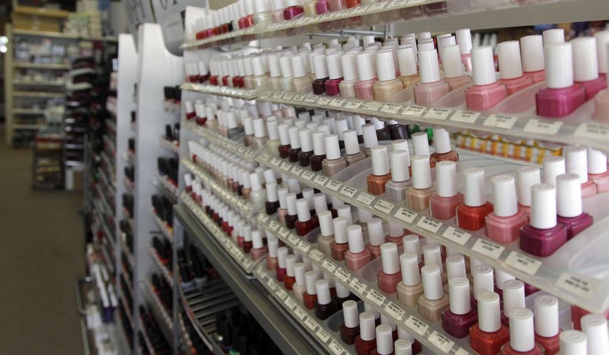 Nail care products are displayed at a beauty supply shop in San Francisco on Monday, April 9, 2012. (AP Photo/Marcio Jose Sanchez)