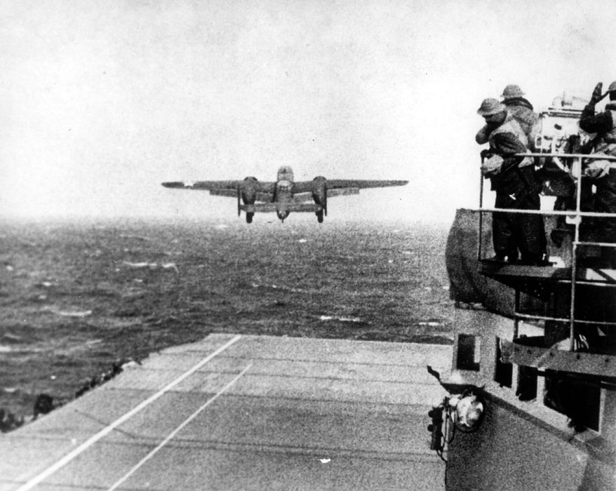 A B-25 bomber takes off from the flight deck of the USS Hornet. Doolittle launched the raid 10 hours earlier and about 200 miles farther away than planned after being spotted by Japanese scout ships. (Associated Press)