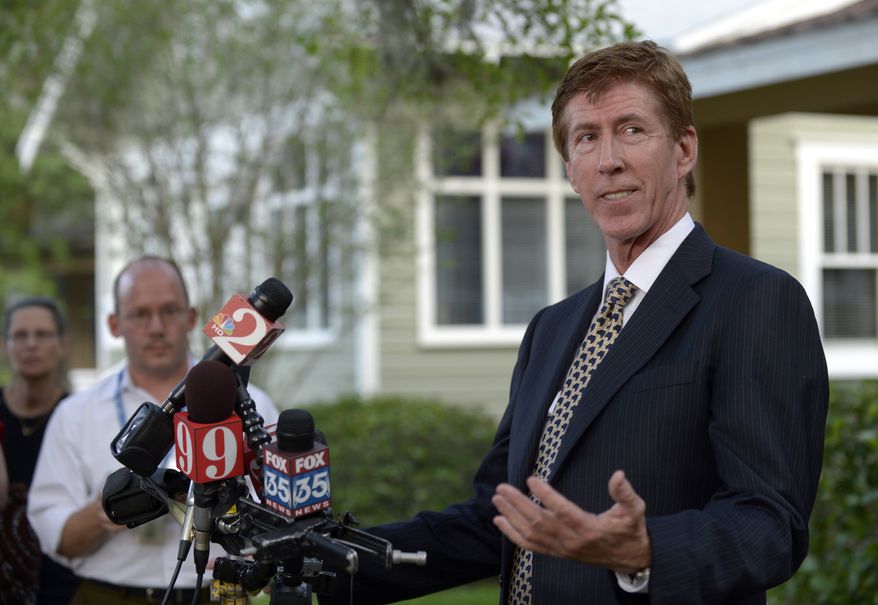 ** FILE ** Mark O'Mara, attorney for George Zimmerman, addresses reporters outside his offices in Orlando, Fla., April 11, 2012. (Associated Press)