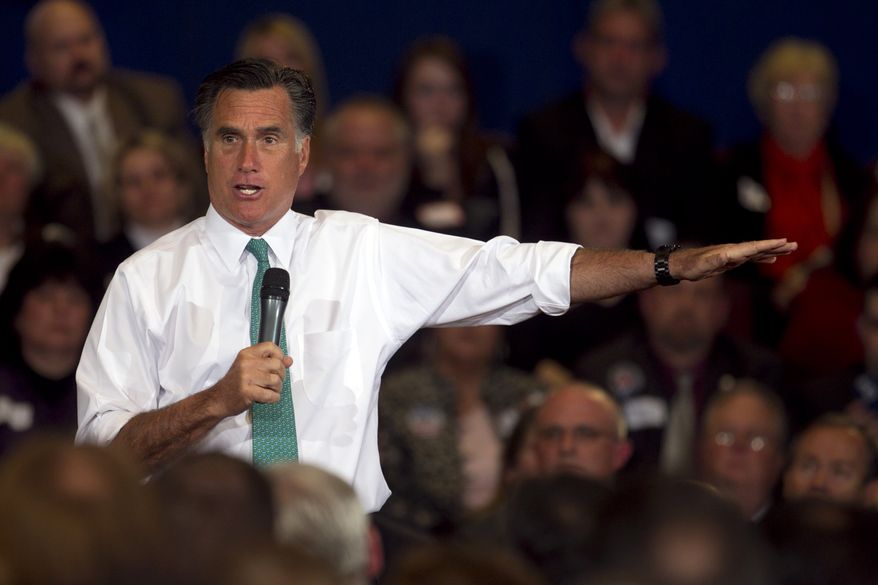 Republican presidential candidate and former Massachusetts Gov. Mitt Romney speaks to a crowd April 11, 2012, during a campaign event in Warwick, R.I. (Associated Press)