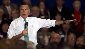 ** FILE ** Republican presidential candidate and former Massachusetts Gov. Mitt Romney speaks to a crowd during a campaign event on April 11, 2012. (Associated Press)