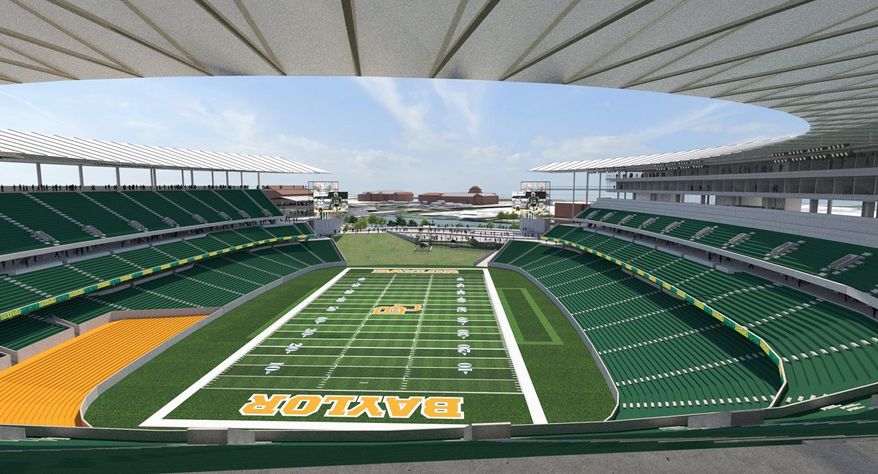 An artist rendering of the proposed Baylor football stadium, which would seat 45,000 and cost about $250 million. Plans are for construction to be complete in 2014. (Populous Inc./Baylor University)