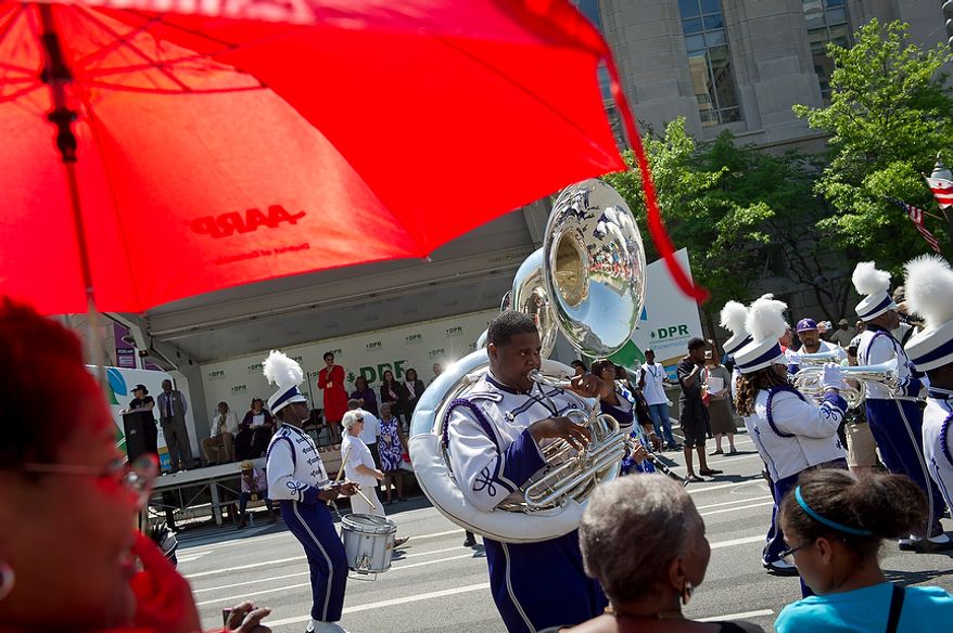The Arkansas Baptist College Marching Band, from Little Rock, Ark., nears the end of the parade route during the District of Columbia Emancipation Day 2012 parade in Washington, D.C., Monday, April 16, 2012., celebrating the150th anniversary of the District of Columbia Emancipation Act. 150 ears ago, on April 16, 1862, President Abraham Lincoln signed a bill ending slavery in the District of Columbia. Passage of this law came 8 1/2 months before President Lincoln signed his Emancipation Proclamation. (Rod Lamkey Jr/The Washington Times)