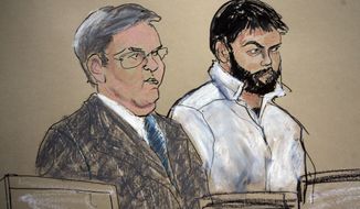 **FILE** This Jan. 8, 2010, courtroom file sketch shows Zarein Ahmedzay (right) with his attorney Michael Marinaccio during his arraignment at the Brooklyn Federal Courthouse in New York. Ahmedzay and two former high school classmates are accused of plotting to bomb subways in New York City. (Associated Press)
