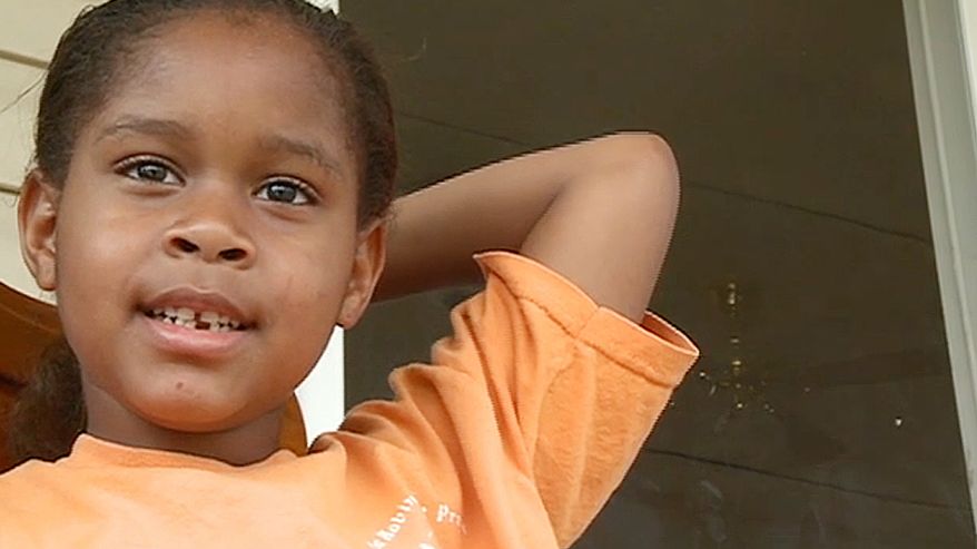 In this Monday, April 16, 2012, image made from video and provided by WMAZ-13 TV, kindergartner Salecia Johnson, 6, is shown at her home near Milledgeville, Ga. Police in Georgia handcuffed the kindergartner after the girl threw a tantrum, and the police chief is making no apologies. (AP Photo/WMAZ-13 TV)