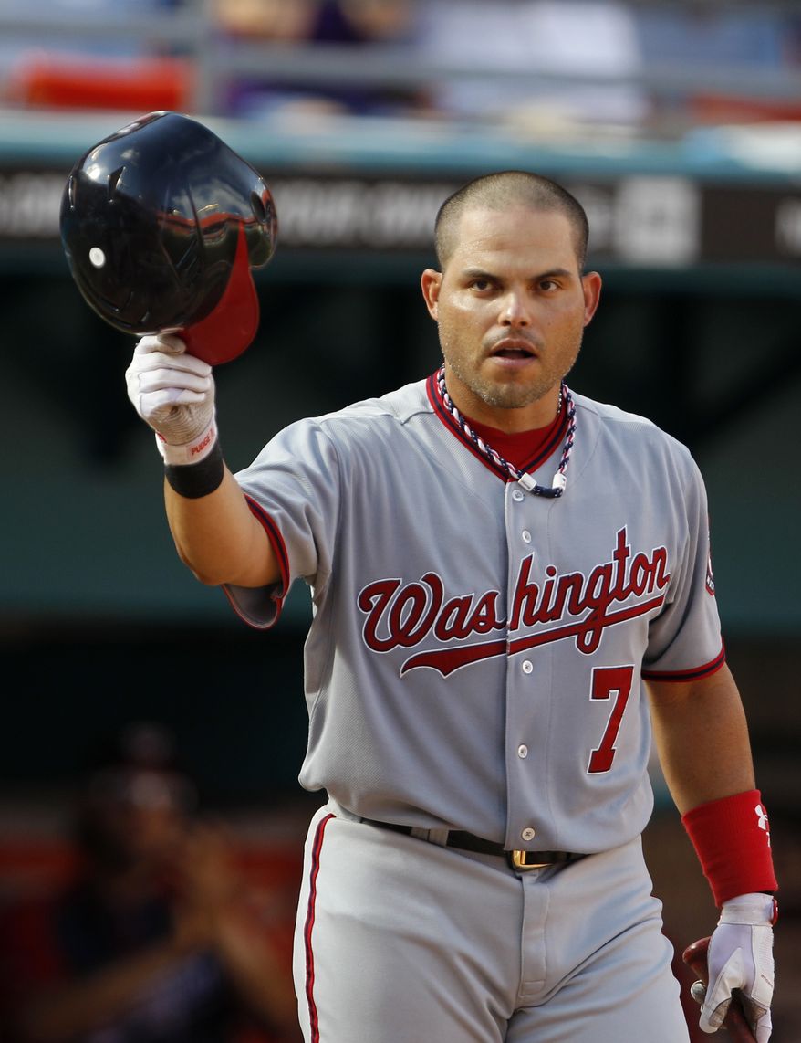 **FILE** In this Sept. 28, 2011, photo, Washington Nationals catcher Ivan Rodriguez acknowledges cheers form the crowd before batting during a baseball game against the Florida Marlins in Miami. (AP Photo/Lynne Sladky)
