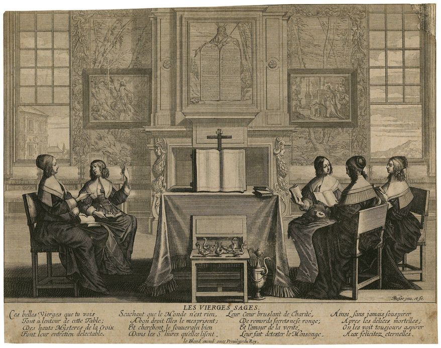 An Abraham Bosse etching titled "Les Vierges Sages" circa 1640 depicts a French ladies' book circle, how women of quality got together while husbands were away. (Folger Shakespeare Library)