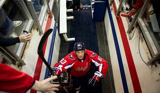 Washington Capitals center Jay Beagle (83) walks back to the locker room after warming up before the Caps took on the Boston Bruins in game four of the National Hockey League&#x27;s first-round playoffs at the Verizon Center in Washington on Thursday, April 19, 2012. (Andrew Harnik/The Washington Times)

