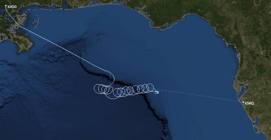 This computer-generated image provided by FlightAware, a private aviation flight path service, shows a flightmap of a Cessna that went down April 19, 2012, in the Gulf of Mexico, some 120 miles (190 kilometers) west of Tampa, Fla., said Petty Officer Elizabeth Boderland with the Coast Guard in New Orleans. (Associated Press/FlightAware)