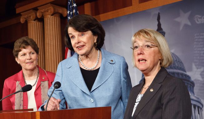 Republican opposition to reauthorizing the Violence Against Women Act in its current form will &quot;absolutely&quot; be used against them as a campaign issue, according to (from left) Sen. Jeanne Shaheen, of New Hampshire, Sen. Dianne Feinstein, of California, and Sen. Patty Murray, of Washington, all Democrats. (Associated Press)