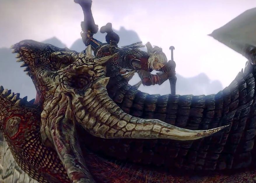 Geralt of Rivia slays a dragon in the video game The Witcher 2: Assassins of Kings, Enhanced Edition.