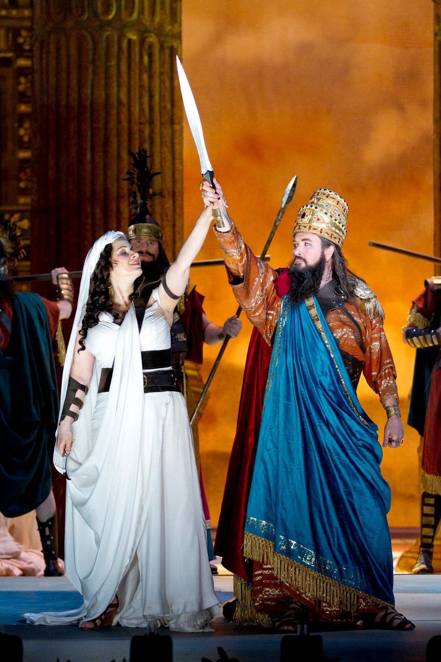 Csilla Boross as Abigaille and Franco Vassallo as Nabucco (Nebuchadnezzar II) in the Washington National Opera's production of "Nabucco." Its plot includes religious fundamentalism, nation-building, Middle East conflict and genocide. (Photograph provided by Washington National Opera)