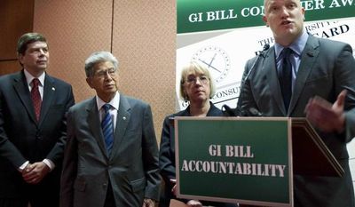 ** FILE ** In this photo taken, Tuesday, March 27, 2012, Iraq war veteran Army 1st Lt. Paul Rieckhoff, right, joined by, from left, Sen. Mark Begich, D-Alaska., Sen. Daniel Akaka, D-Hawaii., and Sen. Patty Murray, D-Wash., speaks during a news conference introducing the GI benefit watchdog bill, on Capitol Hill in Washington. (AP Photo/Manuel Balce Ceneta)

