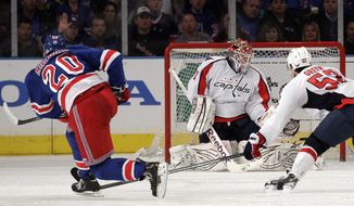 New York Rangers forward Chris Kreider scored the game-winner against the Washington Capitals on Saturday in Game 1 of their second-round series. The Rangers won 3-1. (AP Photo/Frank Franklin II)
