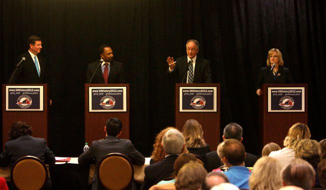GOP candidate Delegate robert G. Marshall, second from right, talks during the first of three debates, Saturday, April 28, 2012, in Roanoake, Va. Other GOP candidates participating in the debate is from left, former Virginia Sen. George Allen, Chesapeake minister E.W. Jackson, and tea party leader Jamie Radtke. The winner of the primary will face former Gov. Tim Kaine in November. (AP Photo/The Roanoke Times, Stephanie Klein-Davis)