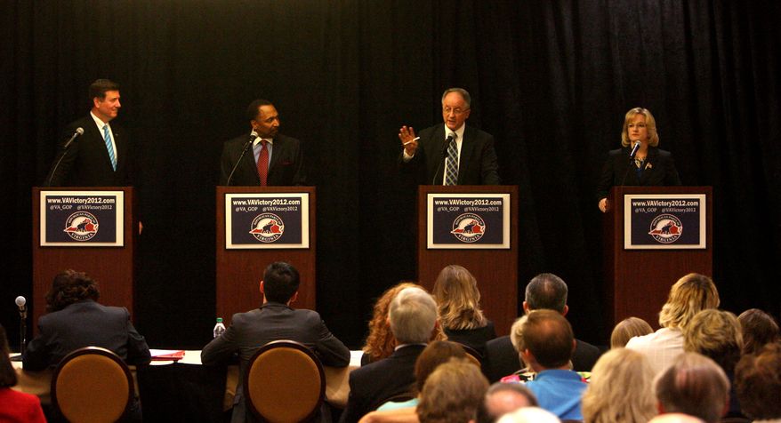GOP candidate Delegate robert G. Marshall, second from right, talks during the first of three debates, Saturday, April 28, 2012, in Roanoake, Va. Other GOP candidates participating in the debate is from left, former Virginia Sen. George Allen, Chesapeake minister E.W. Jackson, and tea party leader Jamie Radtke. The winner of the primary will face former Gov. Tim Kaine in November. (AP Photo/The Roanoke Times, Stephanie Klein-Davis)