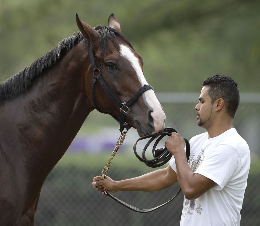 Hot walker Cesar Zarco works with Kentucky Derby hopeful Union Rags at Churchill Downs in Louisville, Ky., Monday, April 30, 2012. The Kentucky Derby horse race is scheduled for Saturday, May 5. (AP Photo/Charlie Riedel)