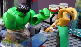 The Green Goliath battles Loki in The Avengers: Hulk’s Helicarrier Breakout Lego set. (Photo by Joseph Szadkowski/The Washington Times)