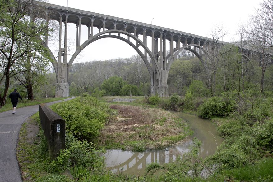 Five men have been arrested for conspiring to blow up this high-level bridge over the Cuyahoga River Valley near Cleveland. (AP Photo/Amy Sancetta)