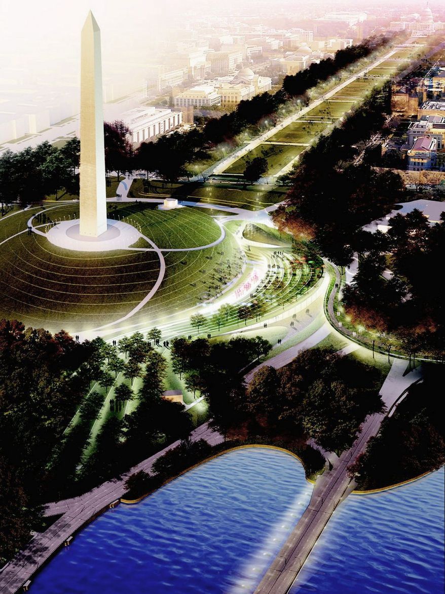 Plans to redesign the Washington Monument grounds include a redesigned amphitheater with a lush terrace. "We really wanted a place that can be, in a way, America's center stage," architect Michael Manfredi said. (OLIN & Weiss/Manfredi)