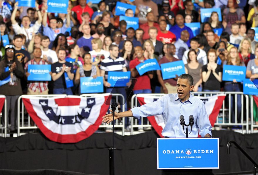 President Barack Obama speaks during a campaign rally at Ohio State University in Columbus, Ohio, Saturday, May 5, 2012. (AP Photo/Mark Duncan)