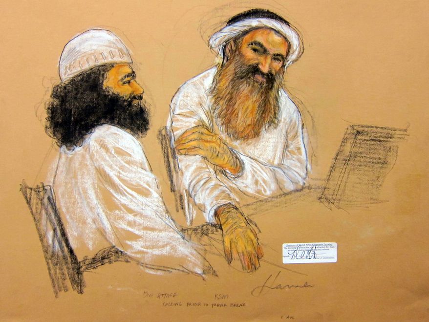 Khalid Sheikh Mohammed (right) and co-defendant Walid bin Attash attend a U.S. military hearing at the Guantanamo Bay Naval Base in Cuba on Saturday, May 5, 2012, in this sketch by courtroom artist Janet Hamlin. (AP Photo/Janet Hamlin, Pool)