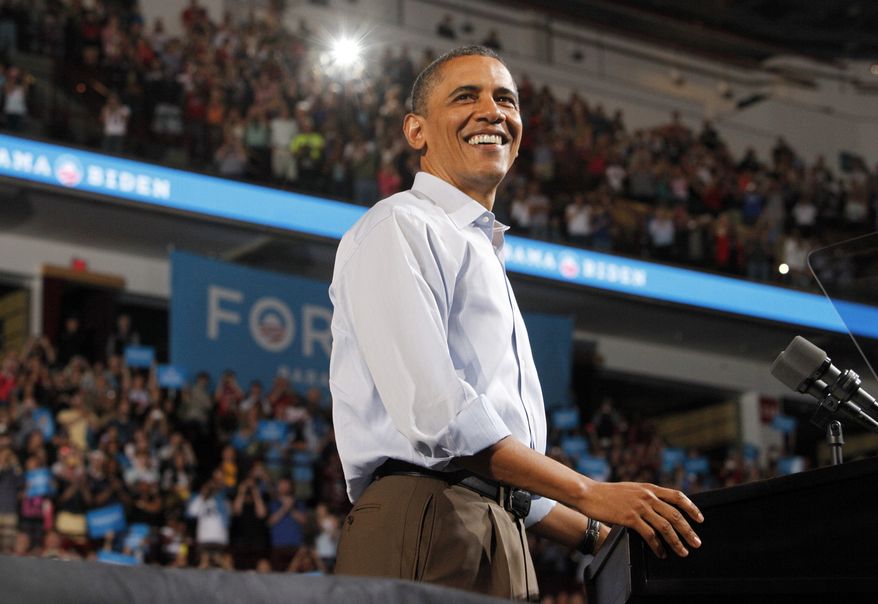President Obama speaks during May 5, 2012, a campaign rally at the Value City Arena in Columbus, Ohio. (Associated Press/Columbus Dispatch)