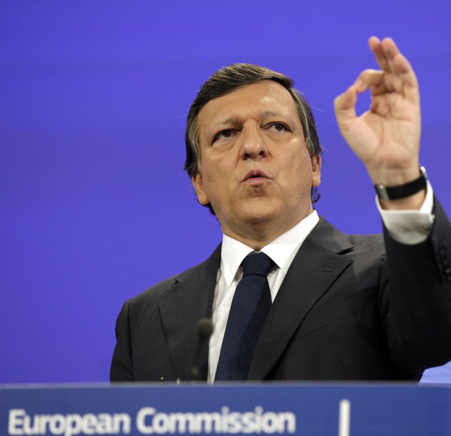 European Commission President Jose Manuel Barroso speaks May 8, 2012, during a media conference at EU headquarters in Brussels. (Associated Press)