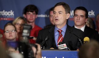 Indiana Treasurer Richard Mourdock speaks to supporters in Indianapolis on Tuesday, May 8, 2012, after he defeated incumbent Sen. Richard G. Lugar, Indiana Republican, in the primary. (AP Photo/AJ Mast)
