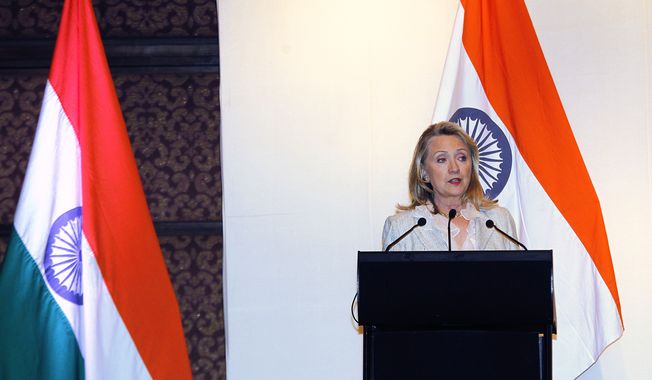 U.S. Secretary of State Hillary Rodham Clinton speaks May 8, 2012, during a joint press conference with Indian Foreign Minister S.M. Krishna in New Delhi. (Associated Press)