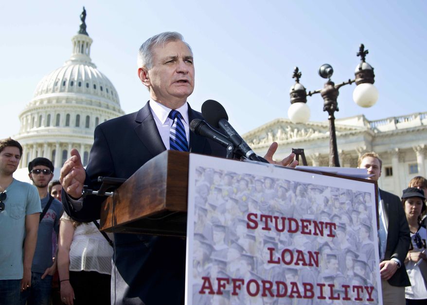 ** FILE ** In this March 13, 2012, file photo Sen. Jack Reed, D-R.I., joins students at a Capitol Hill news conference to announce the collection of more than 130,000 letters to Congress to prevent student loan interest rates from doubling this July. The Senate planned a Tuesday May 8, 2012, roll call on a plan, which would extend today's 3.4 percent interest rates on subsidized Stafford loans for another year. (AP Photo/Manuel Balce Ceneta, File)