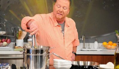 Chef Mario Batali, co-host of the daytime talk show &quot;The Chew,&quot; is participating in a food stamp challenge, which provides $31 per person for a week. (ABC via Associated Press)