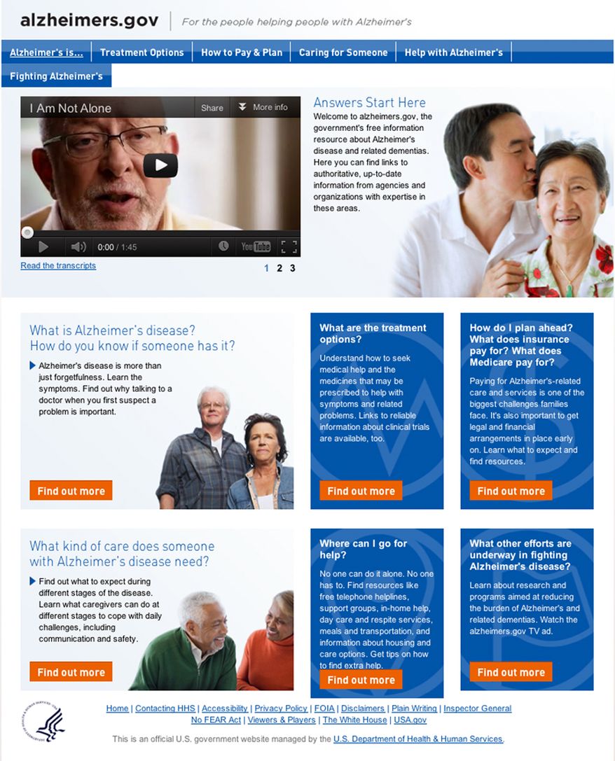This image from the Health and Human Services' new website alzheimers.gov shows the home page. (Associated Press/HHS)
