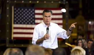 **FILE** Republican presidential candidate and former Massachusetts Gov. Mitt Romney speaks May 11, 2012, during a campaign stop at Charlotte Pipe and Foundry Company in Charlotte, N.C. (Associated Press)