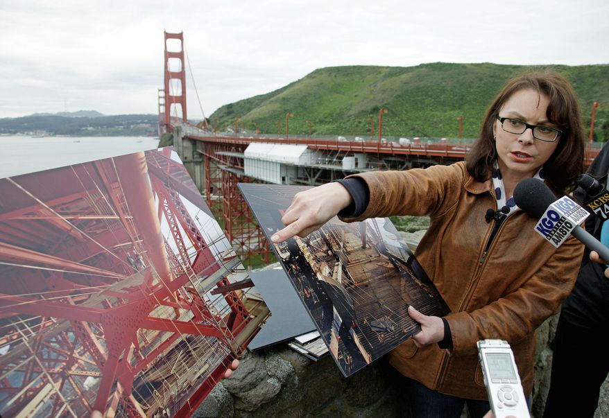 Golden Gate Bridge chief engineer Ewa Bauer talks about the extensive seismic retrofit program at the Vista Point on the north side of the bridge in Sausalito, Calif. The bridge was heralded as an engineering marvel when it opened in 1937. It was the world's longest suspension span and had been built across a strait that critics said was too treacherous to be bridged. But as the iconic span approaches its 75th anniversary, the engineers who have overseen it all these years say keeping it up and open has been a feat unto itself. (Associated Press)