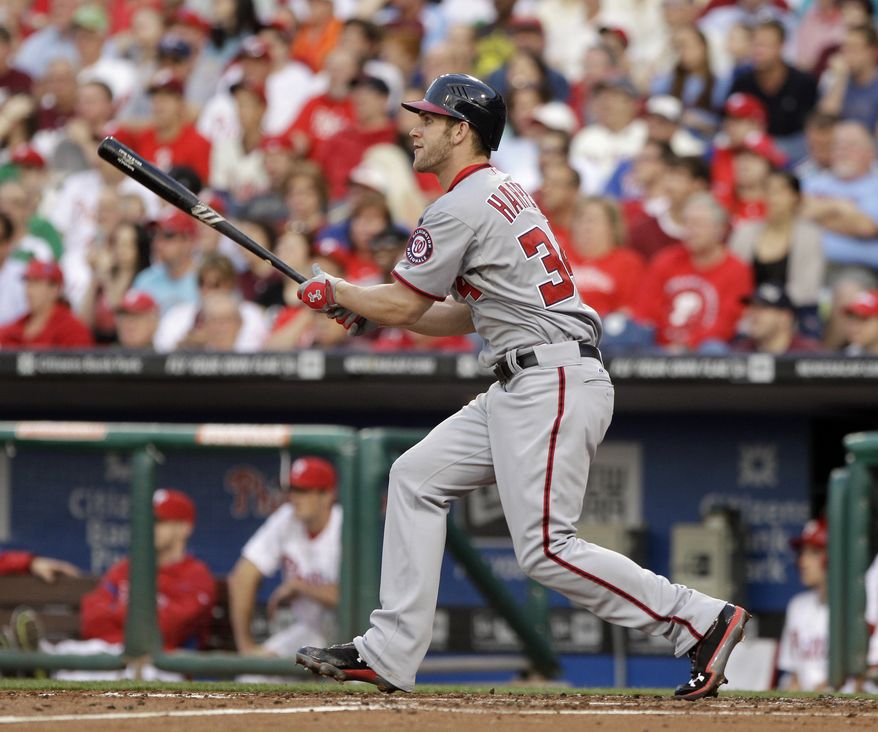 Washington Nationals' Bryce Harper hit a two-run triple off of Philadelphia Phillies starter Roy Halladay in the third inning Tuesday. The Nats won 5-2, as Halladay gave up all five runs. (AP Photo/Matt Slocum)
