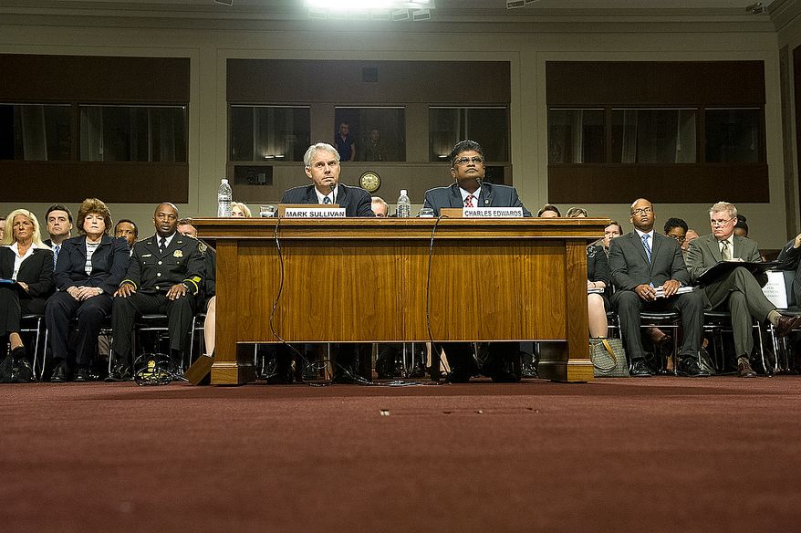 Mark Sullivan, left, director of the United States Secret Service, and Charles Edwards, acting inspector general of the U.S. Department of Homeland Security, testify before the Committee on Homeland Security and Governmental Affairs at the Dirksen Building in Washington, D.C. on Wednesday, May 23, 2012. Sullivan repeatedly spoke to the professional and ethical nature of most people in the Secret Service, but he did say that they took the actions in Cartagena seriously and will make every effort to ensure that such actions do not occur again. (Barbara L. Salisbury/The Washington Times)